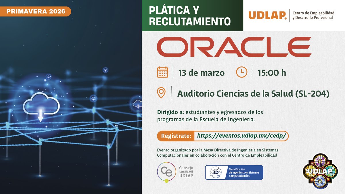 CDP_UDLAP's tweet photo. Oracle en la #UDLAP.
Descubre su proceso de reclutamiento y resuelve tus dudas directamente.
👉 Regístrate aquí:  https://t.co/2WHlNhvniK #TalentoUDLAP #CEDPUDLAP #EmpleabilidadUDLAP #RedDeEmpleoUDLAP #OrgulloUDLAP #LoMejordelaUDLAPEresTú  #UDLAP #Oracle https://t.co/HVXFsq5M7Q