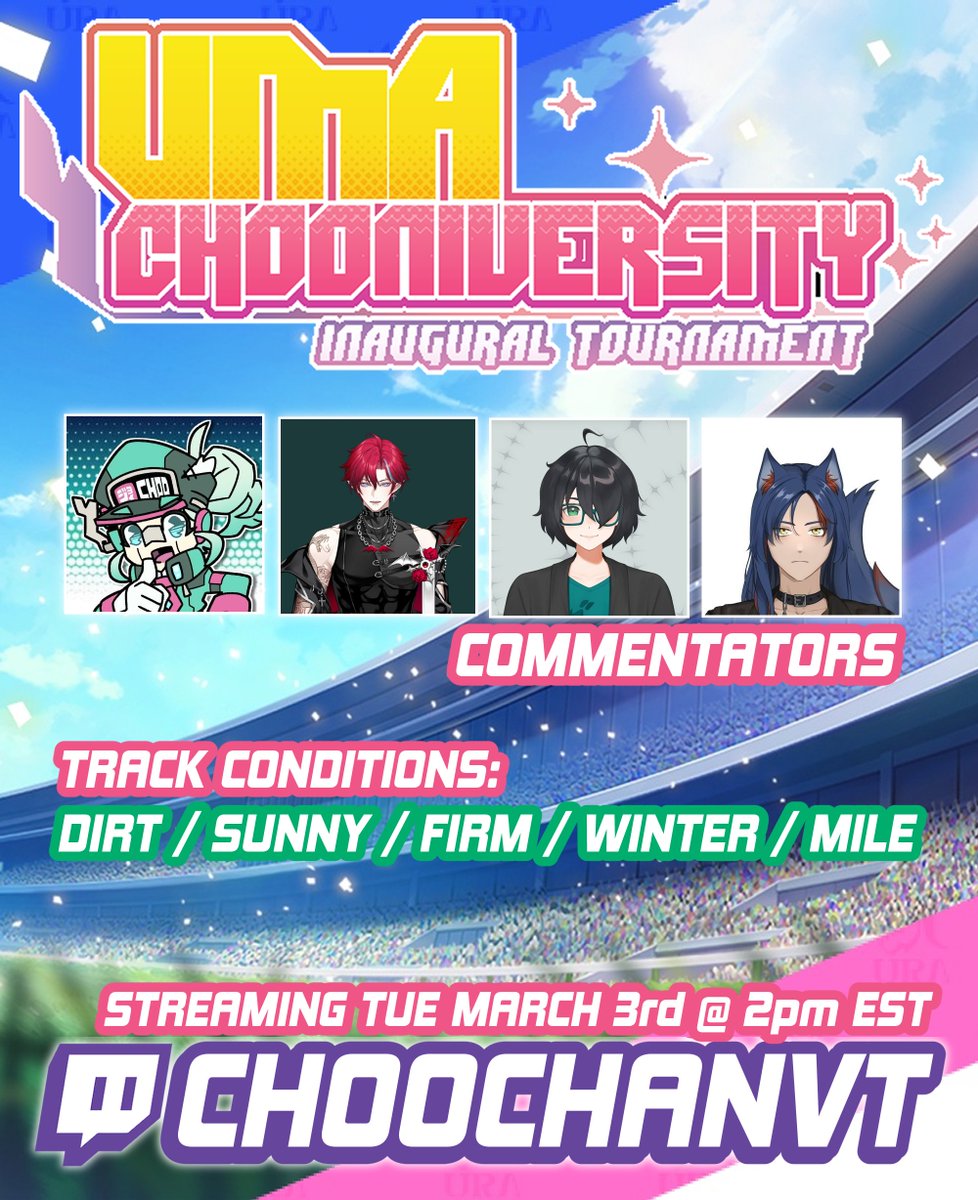 Umamusume Chooniversity's Inaugural Tournament is starting NOW anywhere streams are shilled! Look up ChooChanVT on your favorite streaming site to come vibe 🚅✨