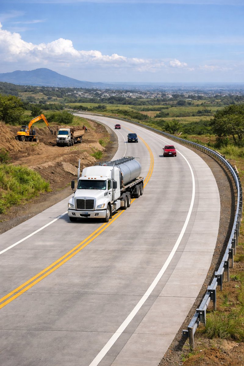 En octubre iniciará la construcción de la circunvalación Diriamba–Jinotepe, una nueva carretera de 13 km que partirá desde el sector sur de Las Esquinas hasta la entrada a Santa Teresa.

La vía contará con dos carriles de concreto hidráulico.

Foto ilustrativa con IA
#Nicaragua