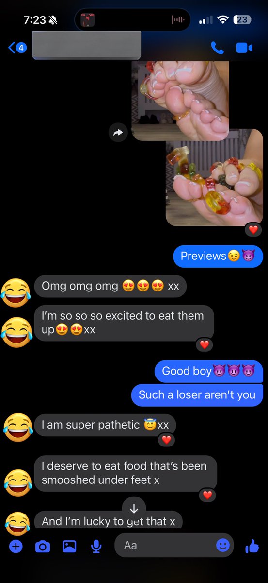 Update on the Haribo foot freak. So funny that he pays for the privilege of previews of my videos and yet you lucky worms get to see them for free. 

Who thinks I should post the video of him eating them..  🤮🤣🦶🏻