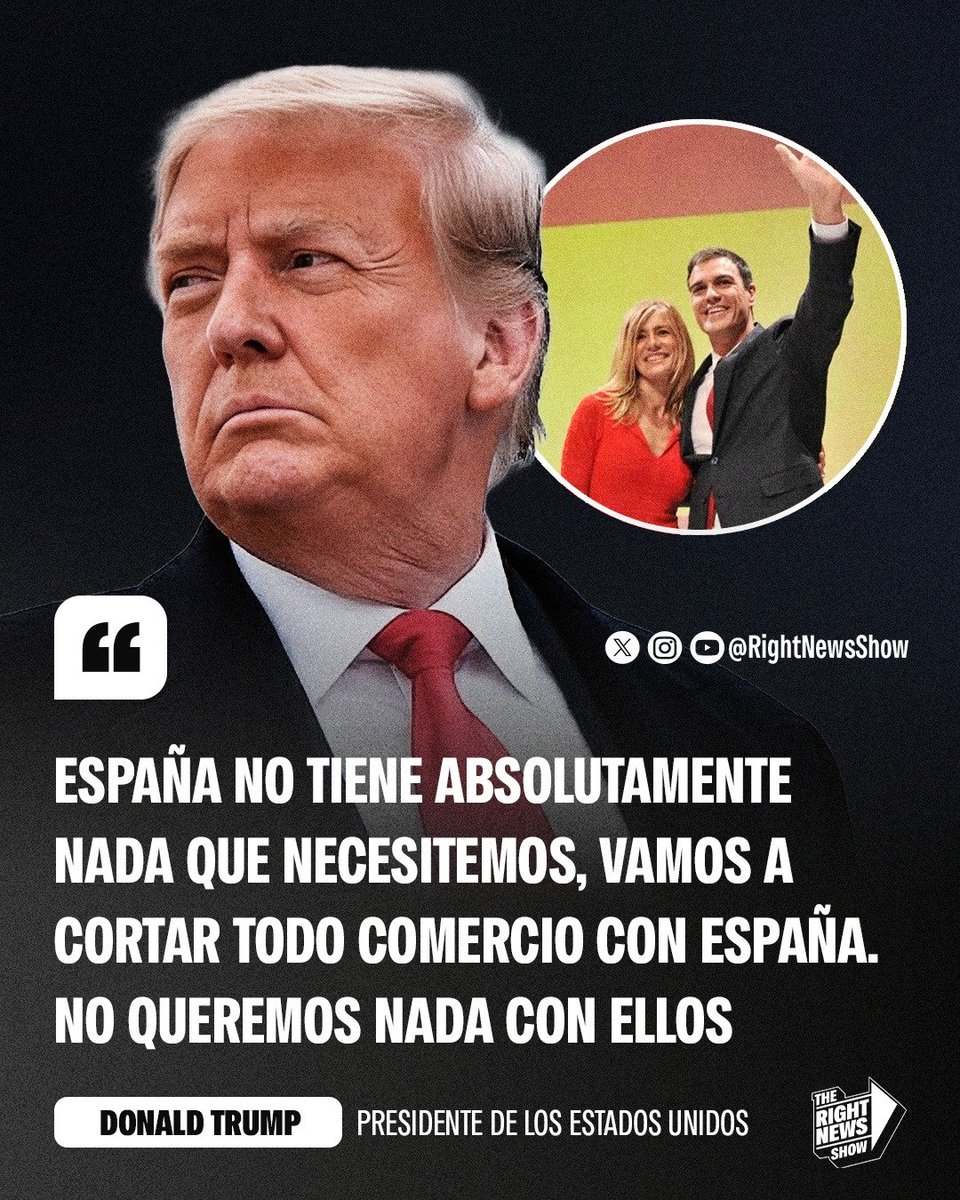 🚨🇺🇸🇪🇸🇮🇷 | Trump explotó contra el corrupto Pedro Sánchez y anunció sanciones contra España por su apoyo al régimen terrorista de Irán: "España no tiene absolutamente nada que necesitemos, vamos a cortar todo comercio con España. No queremos nada con ellos".