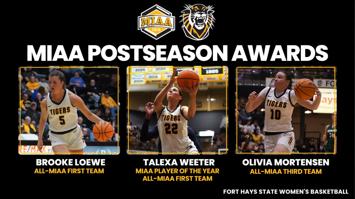 fhsuathletics's tweet photo. Women's basketball had three players earn All-MIAA status this season, including Player of the Year Talexa Weeter, first teamer Brooke Loewe and third teamer Olivia Mortensen. https://t.co/mWO4tVthXa https://t.co/BjR2ZhiUPk