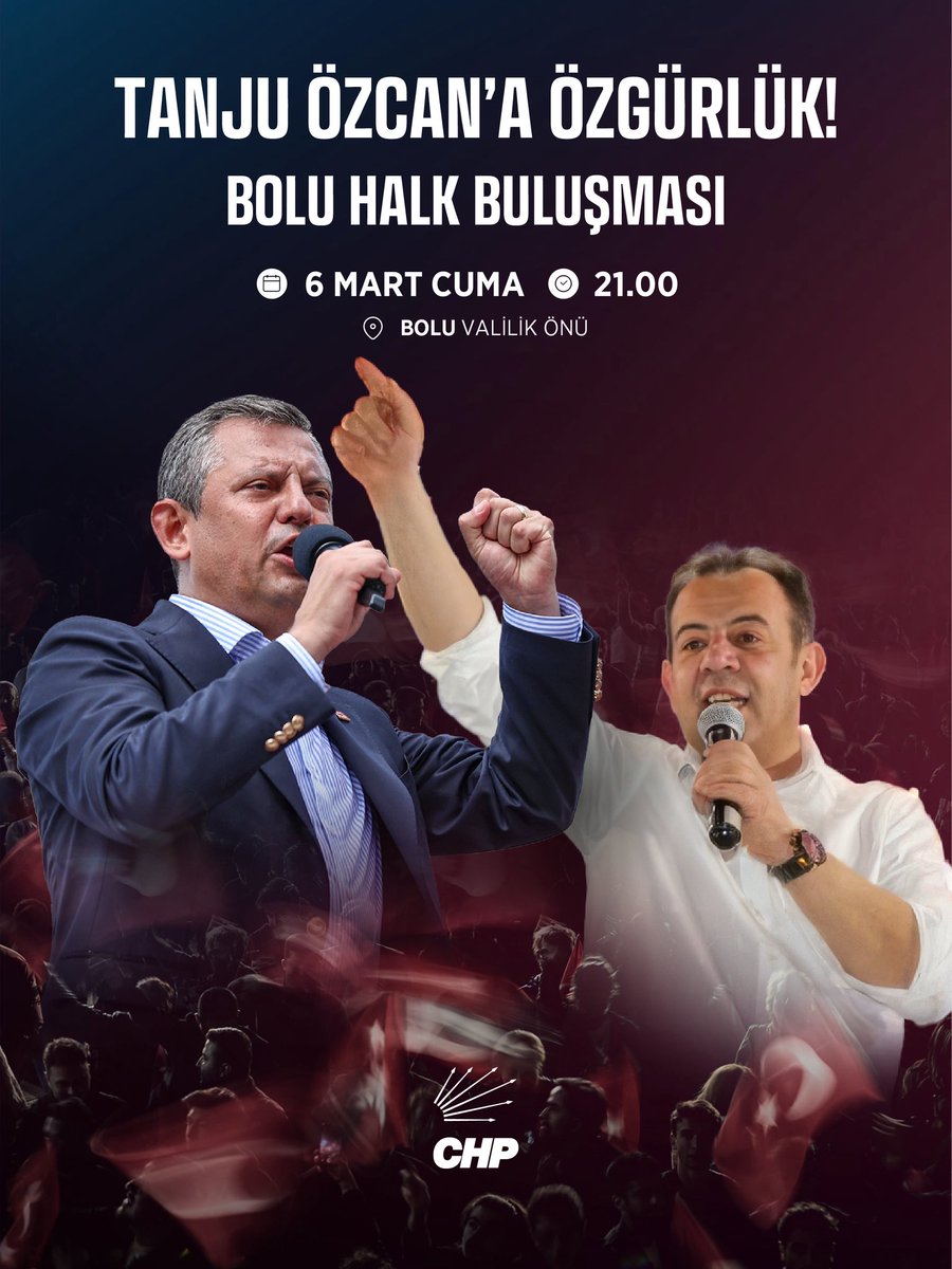 BoluYeniParti's tweet photo. Genel Başkanımız Özgür Özel, Bolu Belediye Başkanımız Tanju Özcan’a özgürlük için 6 Mart Cuma günü Valilik önünde halk buluşması gerçekleştirecektir. https://t.co/Hk3vsK00Ew
