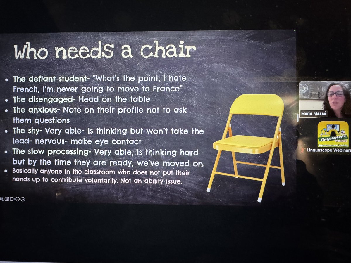 CristaHazell's tweet photo. Who needs a chair, a helping hand? asks @MadameMasse offering some solutions to help quiet students find their voices in tonight’s @linguascope webinar #mfltwitterati #mflchat #langchat https://t.co/oyuSp0GEAY