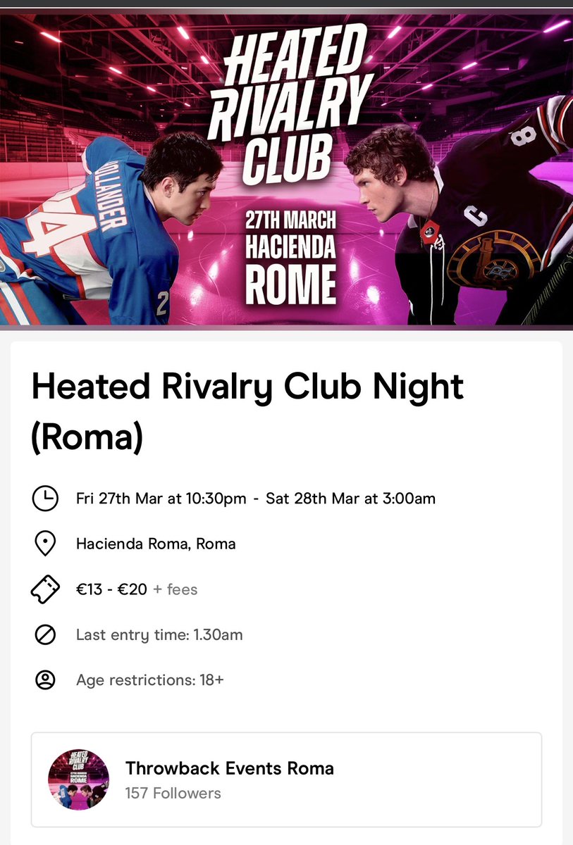 I’m selling one ticket for heated rivalry club night in Rome
27th march 
Face value 22€