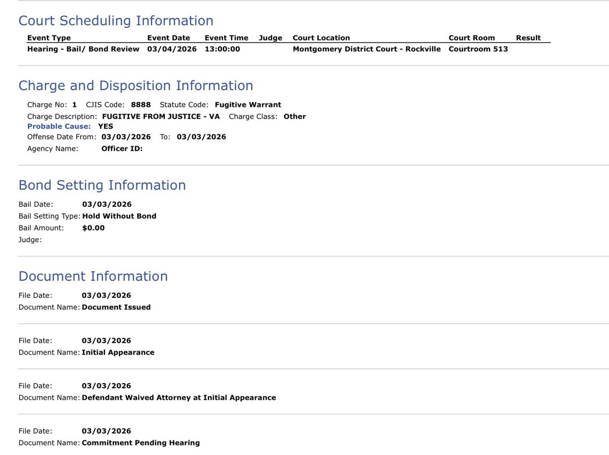 Bryan Betancur is currently being held in Maryland without bond as a fugitive, pending extradition to Virginia. He has a hearing tomorrow.