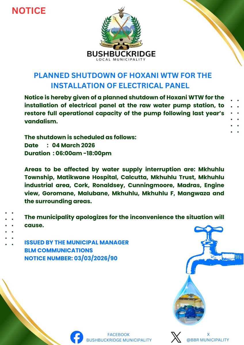 BbrMunicipality's tweet photo. Water supply interruption alert. https://t.co/O3eIDiNhDD