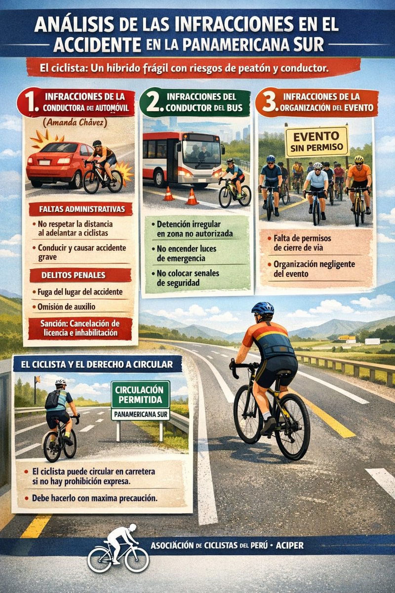 #AciperInforma  Presentamos el desglose técnico-legal del accidente en la Panamericana Sur. Desde Aciper, promovemos el conocimiento de los derechos del ciclista y la exigencia de permisos estrictos para eventos masivos. La prevención nace del respeto a la normativa vigente.
