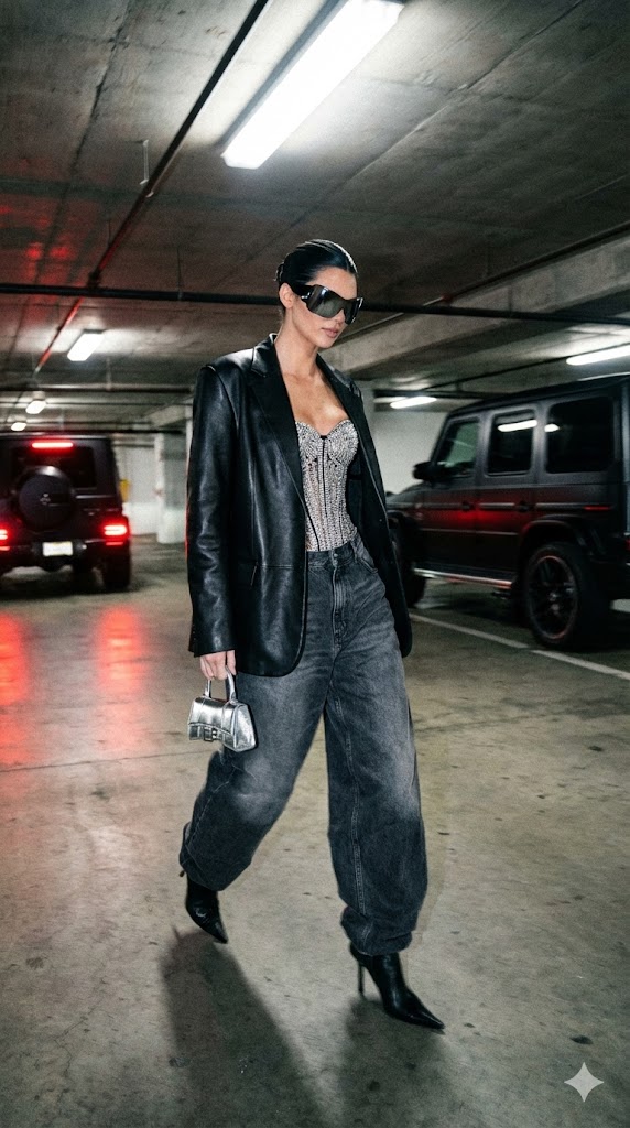IslaSterling's tweet photo. Kendall Jenner in spotlight with 
Nano Banna Pro

{
  "prompt_description": {
    "type": "Paparazzi tracking action shot",
    "subject": "Supermodel resembling Kendall Jenner striding through a concrete parking garage",
    "celebrity_features": {
      "hair": "Slicked-back dark hair, flawlessly smooth with a sharp middle part",
      "expression": "Fierce, unbothered, staring directly down the camera lens with a razor-sharp jawline",
      "outfit": "Oversized, structured black leather blazer worn open over a heavily embellished crystal corset, extremely baggy faded charcoal denim jeans, pointed stiletto boots",
      "accessories": "Massive black shield sunglasses pushed down slightly on the nose, carrying a tiny silver metallic designer bag"
    },
    "environment": {
      "location": "A dimly lit, brutalist underground concrete parking garage",
      "setting": "Walking purposefully between the concrete pillars, a blurred matte-black G-Wagon parked in the background",
      "lighting": "Harsh, cinematic HDR lighting. Intensely bright, cool fluorescent overhead tube lights cast sharp, dramatic shadows on the cheekbones and collarbones, while the glowing red taillights of a departing car paint the concrete background",
      "atmosphere": "Edgy, expensive, raw, heavy film grain, highly detailed reflections on the crystal corset and leather jacket"
    },
    "framing": {
      "aspect_ratio": "Vertical 9:16",
      "angle": "Low-angle dynamic tracking shot, taken from waist-height looking up to emphasize power and height",
      "focus": "Tack-sharp on the subject's face and crystal corset, with noticeable motion blur on the boots and the background pillars to convey fast movement"
    }
  }
}