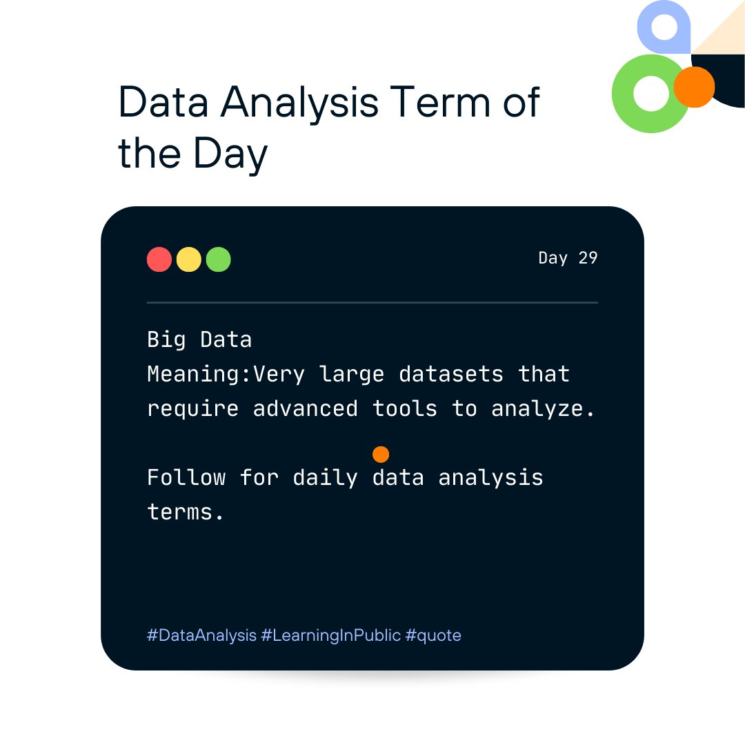CJ_Mangs's tweet photo. Day 29
📊Data Analysis Term of the Day
Big Data
Meaning: Very large datasets that require advanced tools to analyze.
Follow for daily data analysis terms.
#DataAnalysis #LearningInPublic #quote https://t.co/Mdjp301aY6