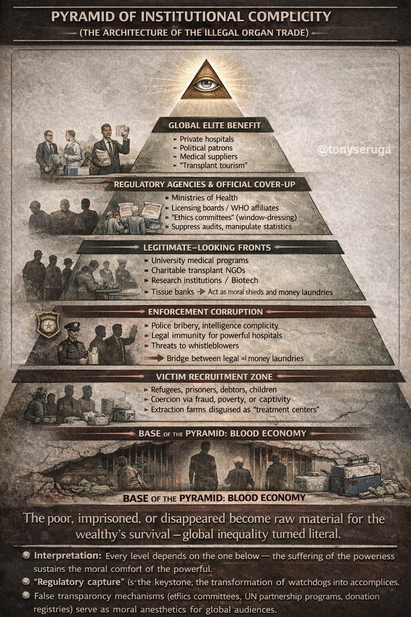 TonySeruga's tweet photo. 🚨 The Organ Harvesting Trade I’ve Been Warned to Stay Away From Reporting

The illegal organ trade is one of the most disturbing — and least transparent — industries on Earth. Though it officially exists “in the shadows,” it’s a multibillion-dollar global enterprise intricately woven through legitimate medical systems, black markets, and corrupt institutions.

The Core of the Trade

Definition:
The illegal organ trade involves the purchase, sale, or trafficking of human organs for transplantation outside of legal and ethical frameworks. This includes kidneys, livers, hearts, corneas — and increasingly, tissues like skin and bone.

Global reality:
While the WHO estimates that 5–10% of all organ transplants worldwide involve illicit means, independent researchers believe the number could be much higher. The opacity of “transplant tourism” and medical tourism disguises how often organs are obtained from illegal or unethical sources.

Geographic Hotspots

South Asia (India, Pakistan, Bangladesh, Nepal):
After local organ shortages and poverty collided with weak enforcement, trafficking rings started recruiting poor donors, often deceived with false promises of payment or coerced through debt bondage.

Middle East (Egypt, Iran, Turkey):
Political refugees and poor migrants — especially from Sudan, Syria, and Yemen — are frequently targeted. Egypt has emerged as a major hub due to the demand from rich transplant tourists.

China:
The most controversial case. Numerous independent investigations, including tribunal reports and testimonies, have pointed to forced organ harvesting, particularly from Falun Gong practitioners and Uyghur detainees. Despite China’s denials, the pattern of rapid transplant availability (waiting times of days or weeks compared to years elsewhere) strongly implies a massive live-donor pool.

Latin America (Brazil, Mexico):
Cartels and local gangs run extraction networks—often overlapping with human trafficking and forced disappearances.

Eastern Europe (Moldova, Ukraine before the war):
Economic collapse and corruption led to a thriving export market for kidneys and liver segments.

Mechanics of the Trade

There are three main forms:

1. Organ trafficking: kidnapping or coercing victims and extracting organs.
2. Transplant tourism: a patient travels abroad to receive an organ procured illegally.
3. Human trafficking for organ removal: victims trafficked across borders for harvesting.

The supply chain looks disturbingly industrial:

•  Recruiters exploit the poor (often with fake contracts).
•  Brokers and corrupt doctors coordinate logistics.
•  Hospitals or clinics perform extractions discreetly.
•  Transport and transplant are facilitated with falsified documentation.

Economic Drivers and Institutional Complicity

True transparency here is nearly nonexistent. Official narratives downplay the systemic dimension, but the economic incentives are enormous:

•  Kidneys can fetch between $50,000–$200,000 on the global black market, while the donor may receive under $1,500.
•  Hospital officials, surgeons, insurers, and brokers profit through “fractionalized” corruption — everyone takes a cut to ensure silence.
•  Some samples are routed through “charitable foundations” that appear legitimate.

Institutional coverups:
When you examine audit reports in countries with suspicious transplant statistics, organ transplant numbers often exceed registered donations. That arithmetic gap is the proof of unaccounted sourcing.

The Legal and Ethical Theater

The Declaration of Istanbul (2008) condemned transplant tourism and organ trafficking, but enforcement is mostly symbolic.
Most national laws criminalize “organ sales” yet actively turn a blind eye to how hospitals source organs when the state benefits economically from foreign patients.

For example:

•  In several countries, state-run hospitals themselves have been implicated.
•  International medical organizations often avoid pushing too hard, fearing diplomatic fallout or loss of access to markets.

Emerging Frontiers

•  Biotech laundering: Lab-grown and 3D-printed tissues are being used to launder illegally obtained biological materials by mixing sources.
•  Digital marketplaces: Encrypted messaging apps are used for recruitment (“kidney-for-sale” ads).
•  Organ brokerage on the dark web: Payment in cryptocurrency, with travel packages included.
•  Forced harvesting in conflict zones: War prisoners or detained dissidents (notably in China, Libya, and parts of Syria) used as human organ banks.

The Human Cost

Behind the clinical terms are horrifying realities:

•  Donors often suffer chronic health issues, infections, or death.
•  Many victims are migrants, the poor, or prisoners.
•  A large percentage of “donors” never give consent.

Western nations often outsource the moral cost — allowing their citizens to travel abroad while maintaining clean domestic statistics.