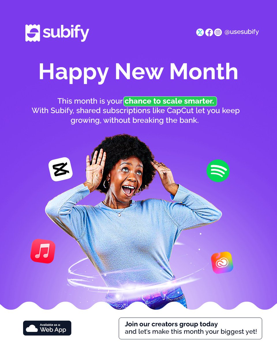 Happy New Month from us at Subify!🎉 

This month is your chance to scale smarter. With Subify, shared subscriptions like CapCut,Canva Pro let's you keep growing, without breaking the bank. 

Get started on usesubify.com today!