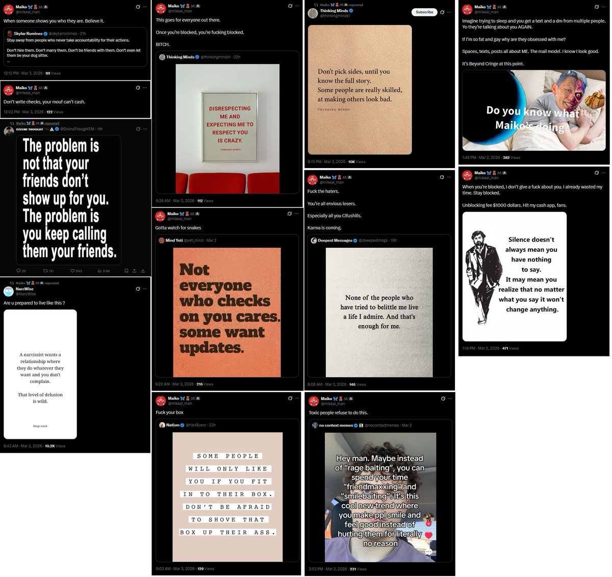 Kory__Corner's tweet photo. This is a broken man.
This is the LAST 24 HOURS ALONE.
Claims I cant stop talking about him, yet he spam-emo-posts over a 3 month old prank with a girl that politely declined him countless times.
Youre projecting your dick off, you lying, incel, creep.
24. HOURS.😬 #LARCHED https://t.co/tspJLHoktD