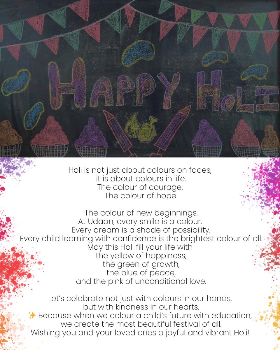 Wishing you a Holi filled with colours of hope, joy, and new beginnings. 🌈

At Udaan, we celebrate futures painted bright with education. 💛

#HappyHoli #Holi2026 #FestivalOfColors #EducationForAll #Udaan <a href="/Madhu_suri/">Madhusuri4children ( Modi Parivar )</a> <a href="/a4ashish_/">Ashish Dubey</a>