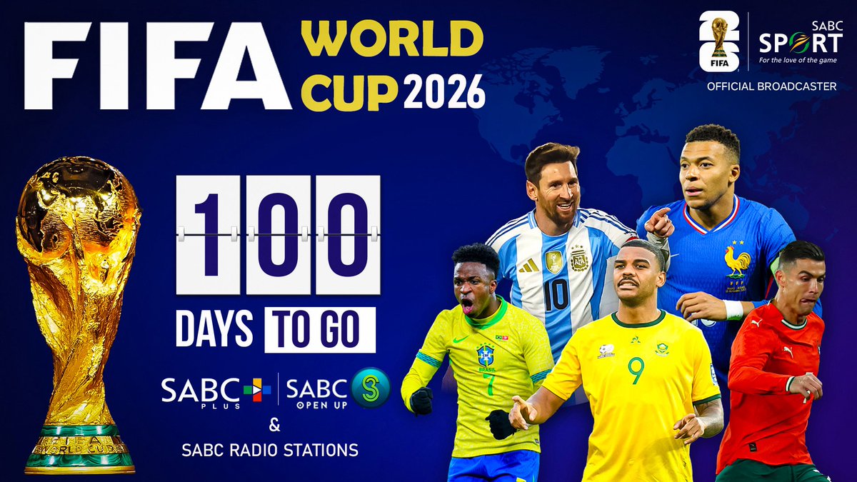 🌍⚽ 100 DAYS TO GO! ⚡
 
The countdown is on! The world’s biggest football spectacle is almost here.
📅 11 June – 19 July 2026
📺 SABC 3 – Where the 2026 FIFA World Cup LIVES
💻 Stream LIVE on SABC Plus
📻 Listen LIVE on SABC Radio Stations
 
Feel the passion. Live the glory.