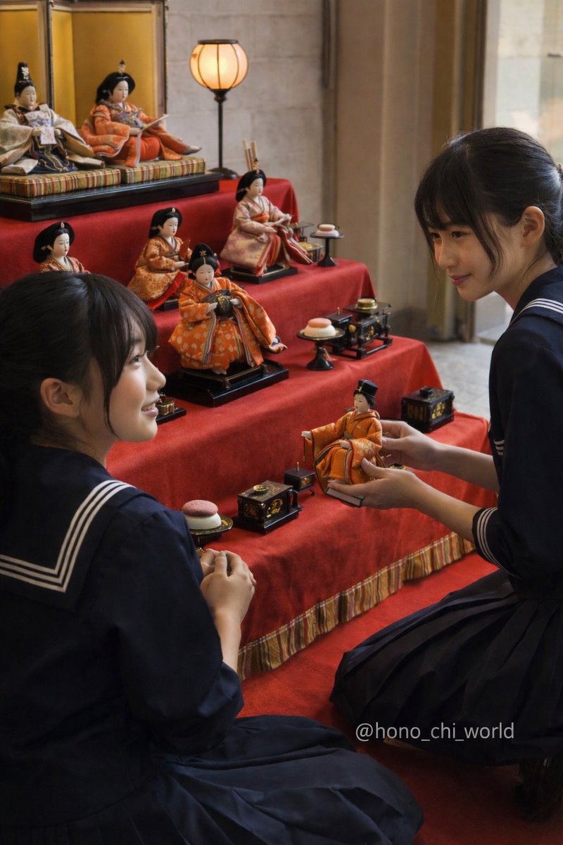 hono_chi_world's tweet photo. 【ほのちー・ひな祭り🎎】
〜 春を整える日🌸 〜

昇降口に広がる赤い毛せん。

真剣なほのと、静かなちー。

「この位置で、合ってるよね？」

……きっと、春はやさしく見守ってくれる。

#ほのちー #ひな祭り #AI協働アート https://t.co/d6EPtscaBf