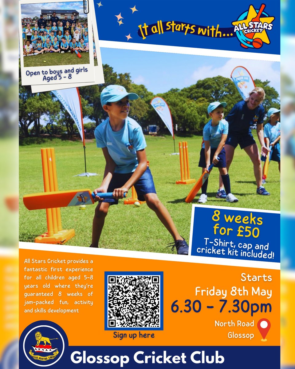 GlossopCC's tweet photo. We’re excited to welcome All Stars Cricket and Girls-Only Dynamos Cricket to GCC, starting Friday 8th May at North Road.

Sign up now via the QR code / ECB Clubspark – places are limited!

All Stars link... https://t.co/vO5XWuK9mg

Dynamos link... https://t.co/j8J1jpjj8j https://t.co/e0qkOOh54i
