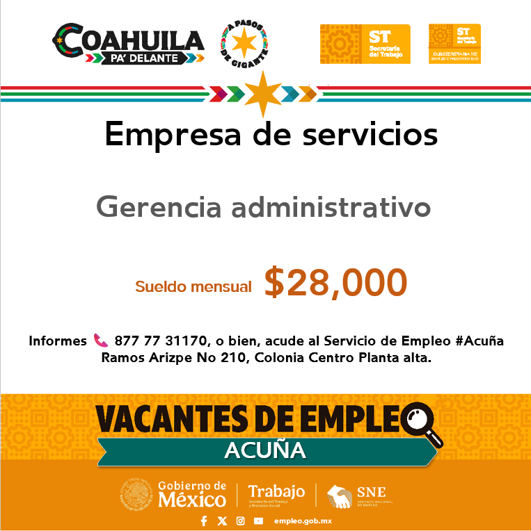 SNEACUNA's tweet photo. 📢 ¡Vacante de empleo en  #Acuña!    

📍 Servicio de Empleo #Acuña
📌Dirección: Ramos Arizpe N° 210, esquina con calle Lerdo, planta alta, Col Centro
📞Informes: 877 77 3 11 70

Contáctanos hoy mismo.  
#CoahuilaPaDelante #APasosDeGigante #SNEparaTodo https://t.co/qYBfuG4Mf3