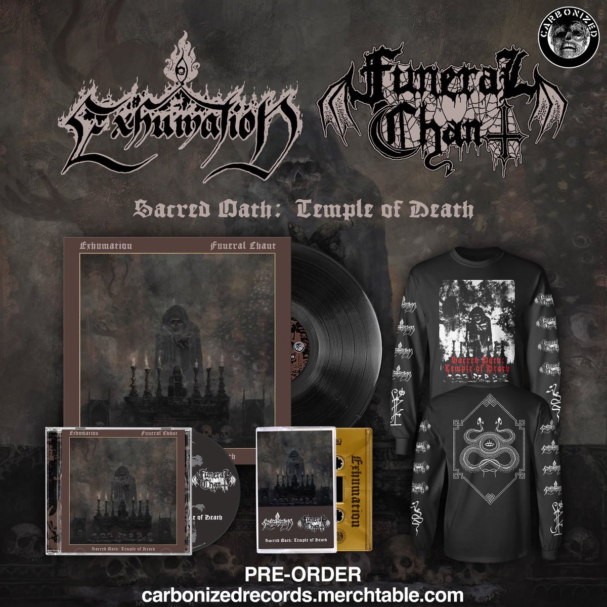 Carbon_Forms's tweet photo. Today we announce our fourth release of 2026, “Sacred Oath: Temple of Death”, the brand new Split album from Exhumation (IDN) and Funeral Chant (USA)! The Exhumation / Funeral Chant Split is now available for Pre-Order through the Links in our Bio #exhumation, #funeralchant https://t.co/Fs0xGmT6m0