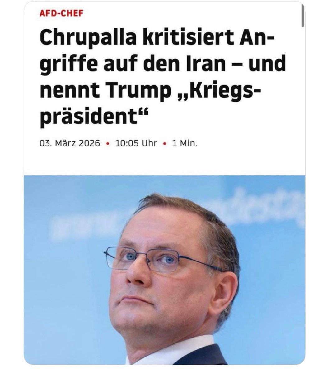 realDerksen's tweet photo. Der eine Präsident führt Krieg in Europa seit 4 Jahren, der andere eine militärische Spezialoperation im Nahen Osten seit ein paar Tagen. Für Chrupalla ist die Lage eindeutig. https://t.co/u1OsA5fnxF