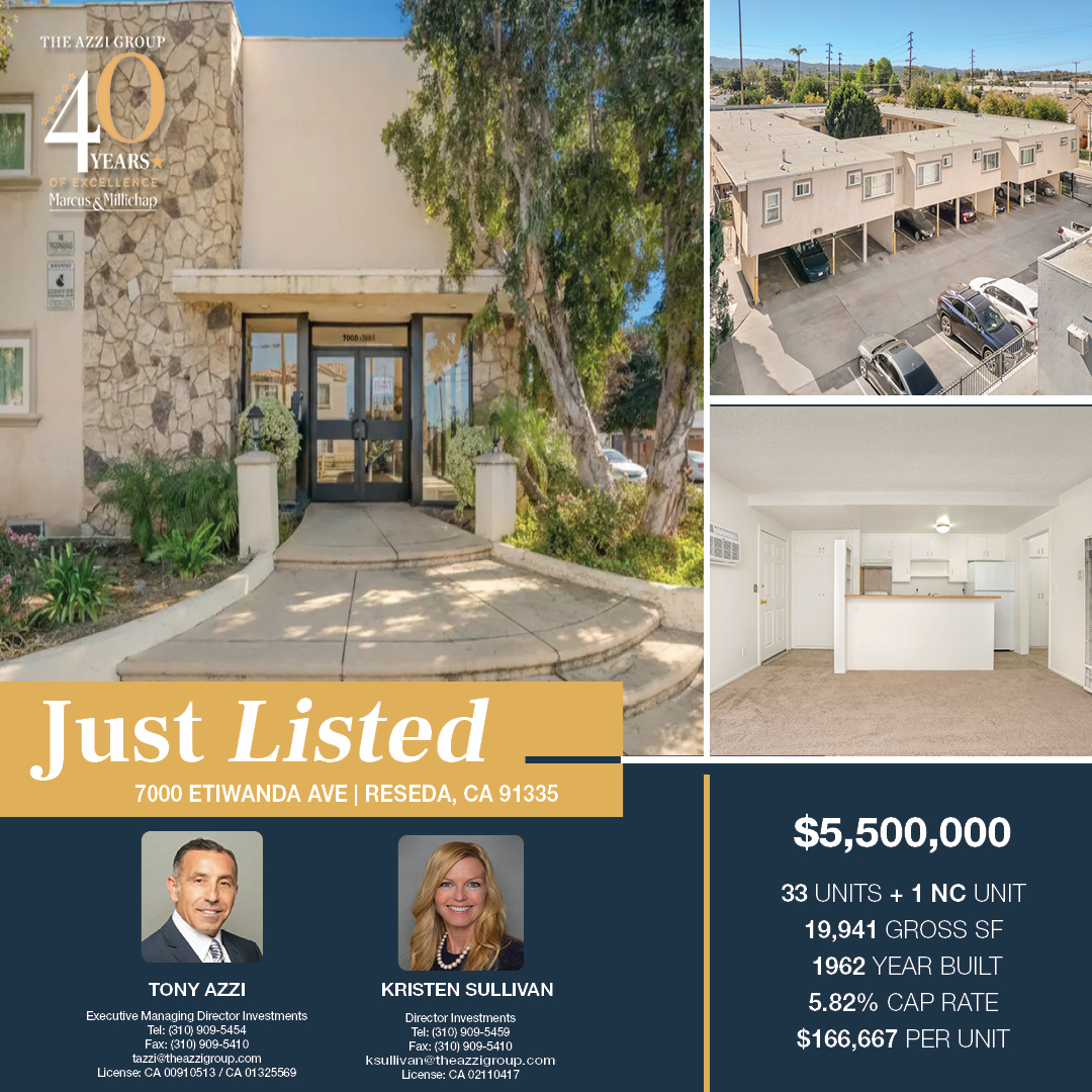 TheAzziGroup's tweet photo. ✨ Just Listed! ✨

🏢 7000 Etiwanda Ave, Reseda, CA 91335

33 Units + 1 NC Unit | 19,941 SF | Built 1962
💰 Asking Price: $5,500,000
📐 Price/Unit: $166,667
📊 Cap Rate: 5.82% | GRM: 9.30

#JustListed #RealEstate #CRE #Multifamily #Reseda #SanFernandoValley https://t.co/bxiQrCDZrB