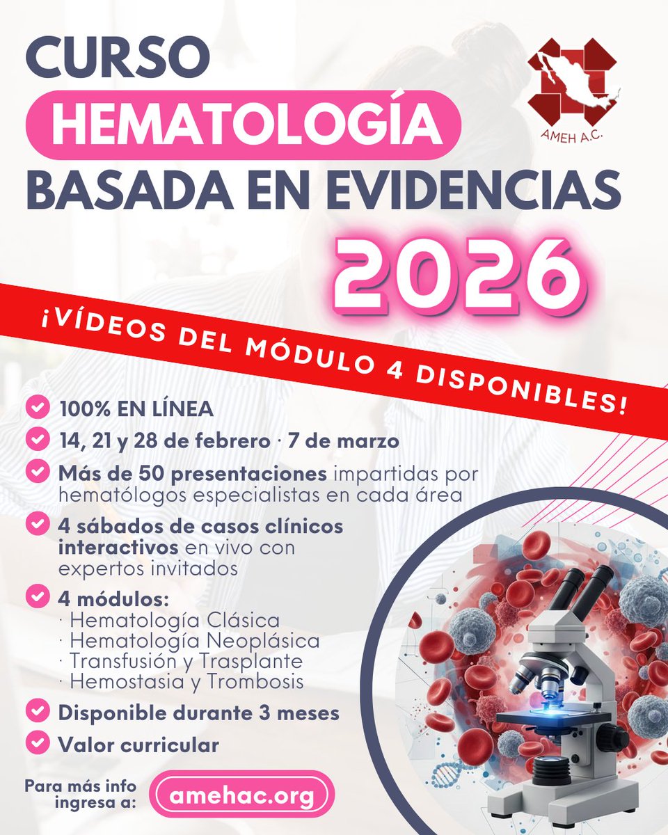 ContactoAmeh's tweet photo. 📢 ¡El Módulo 4 del Curso Hematología Basada en Evidencias 2026 ya está disponible!

Ya puedes acceder en la plataforma a los contenidos correspondientes a Transfusión y Trasplante.

📝 Realiza tu registro aquí:
 https://t.co/temDFLOgdU https://t.co/R9tc7ejTnA