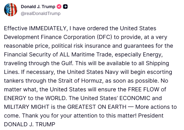 TFTC21's tweet photo. Trump directs DFC to offer low-cost insurance for shipping through the Gulf. 

US Navy tanker escorts on standby. https://t.co/EmrA00I2z1