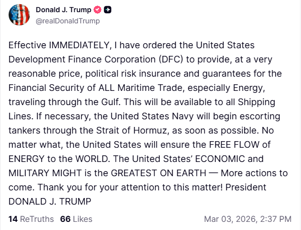 There it is: Trump orders US to provide insurance and guarantees for ships in the gulf; US Navy will escort tankers if necessary