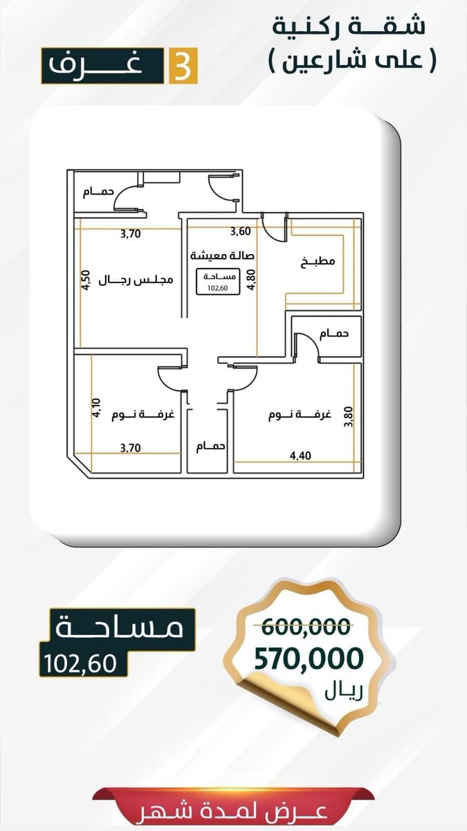 hamid201265's tweet photo. عروض  شهر رمضان

شقة | أمامية ركنية

  3 غرف  |  3 دورات مياه  |  صالة معيشة  | مدخلين | مطبخ 

السعر : السابق 600.000
العرض : 
570.000 https://t.co/NOAasms1iG