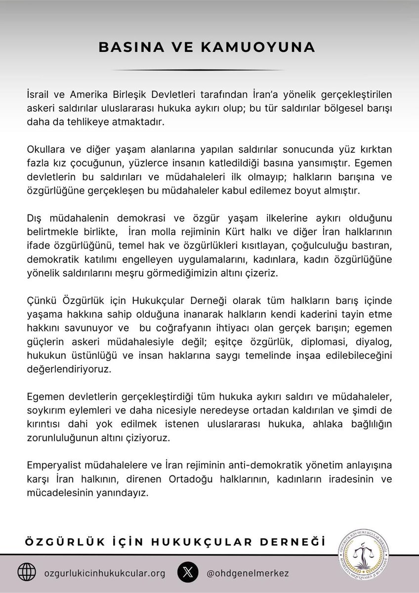 Özgürlük için Hukukçular Derneği olarak tüm halkların barış içinde yaşama hakkına sahip olduğuna inanarak halkların kendi kaderini tayin etme hakkını savunuyor ve  bu coğrafyanın ihtiyacı olan gerçek barışın; egemen güçlerin askeri müdahalesiyle değil; eşitçe özgürlük, diplomasi,