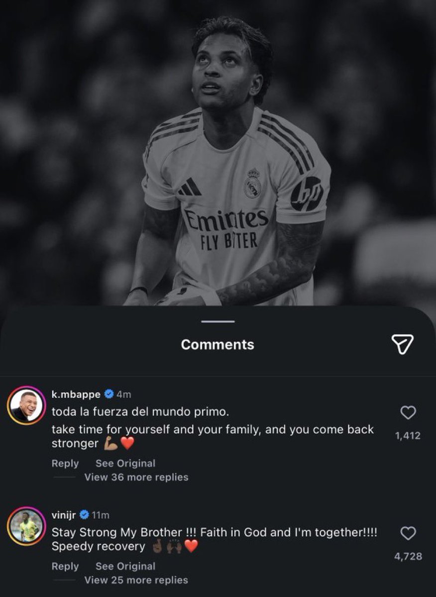 🚨 𝗩𝗜𝗡𝗜𝗖𝗜𝗨𝗦 🇧🇷 𝗘𝗧 𝗠𝗕𝗔𝗣𝗣𝗘́ 🇫🇷 𝗢𝗡𝗧 𝗖𝗛𝗔𝗖𝗨𝗡 𝗗𝗘𝗦 𝗠𝗢𝗧𝗦 𝗥𝗘́𝗖𝗢𝗡𝗙𝗢𝗥𝗧𝗔𝗡𝗧𝗦 𝗣𝗢𝗨𝗥 𝗥𝗢𝗗𝗥𝗬𝗚𝗢 🇧🇷. 🥰

🗣️ Mbappé 🇫🇷 : « 𝘛𝘰𝘶𝘵𝘦 𝘭𝘢 𝘧𝘰𝘳𝘤𝘦 𝘥𝘶 𝘮𝘰𝘯𝘥𝘦, 𝘤𝘰𝘶𝘴𝘪𝘯. 𝘗𝘳𝘦𝘯𝘥𝘴 𝘥𝘶 𝘵𝘦𝘮𝘱𝘴 𝘱𝘰𝘶𝘳 𝘵𝘰𝘪 𝘦𝘵 𝘵𝘢