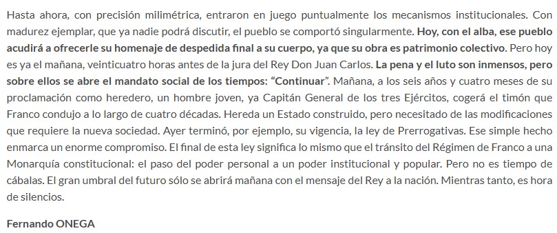 Cuando Franco murió, Fernando Ónega escribió un artículo titulado "Oh, capitán mi capitán" para elogiar al dictador. Ónega, al igual que Fraga Iribarne y otros tantos, fue una de esas personas que se durmió siendo franquista y días después era "demócrata de toda la vida". ⬇️