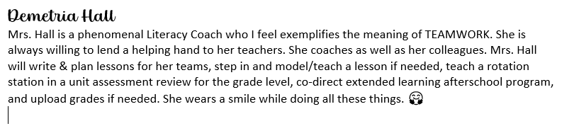 FCSSuptLooney's tweet photo. Each month team members have the opportunity to nominate a coworker for The FCS Power Player Champion Award. This month there are 10 nominees one winner is selected each month. Please read about nominee #7 https://t.co/UQRoIxTuMC
