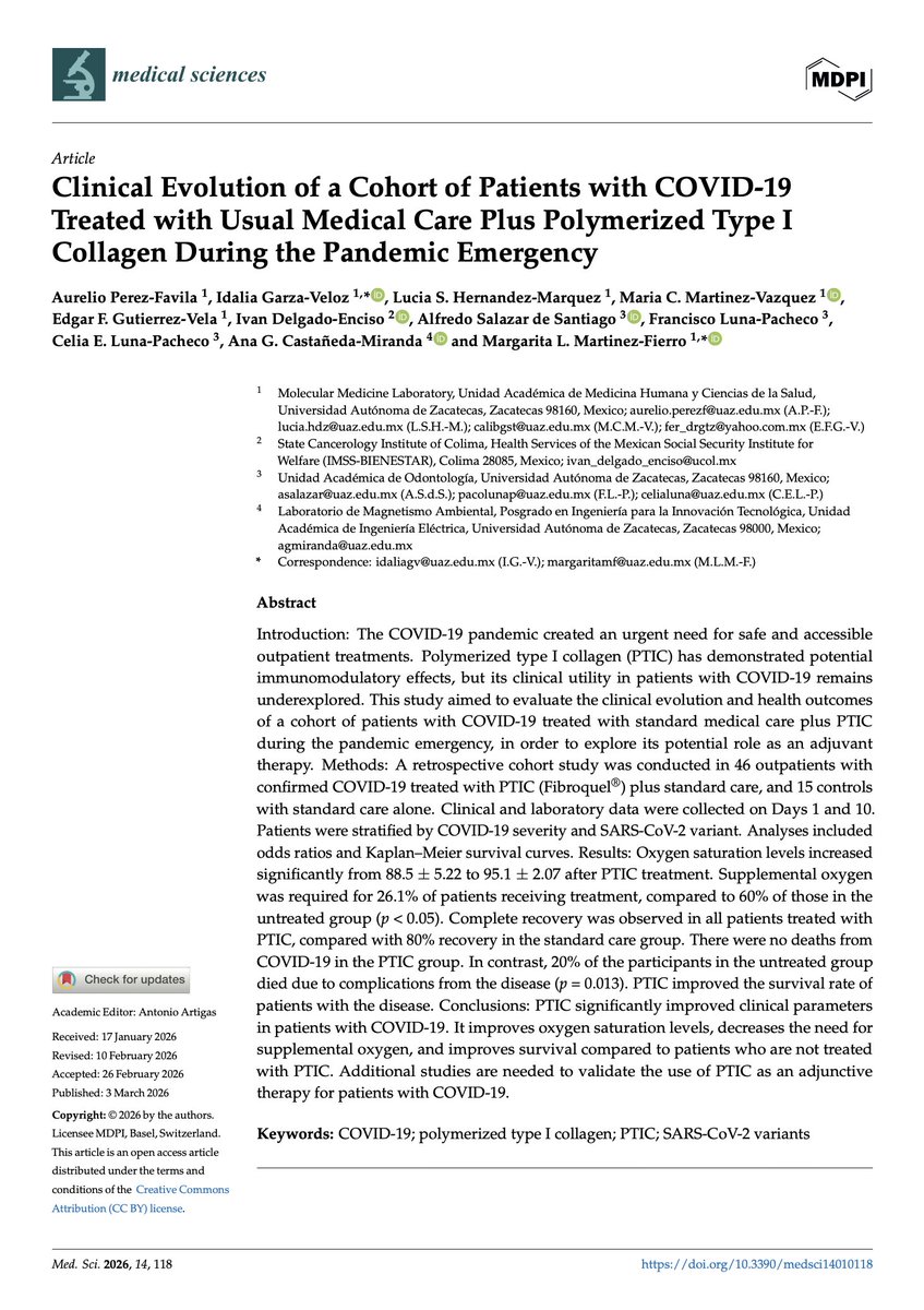 slady000's tweet photo. ¡Our last paper! Clinical Evolution of a Cohort of Patients with COVID-19 Treated with Usual Medical Care Plus Polymerized Type I Collagen During the Pandemic Emergency https://t.co/37JAjQYDts #mdpimedsci a través de @medsci_MDPI https://t.co/olkgD68E5y