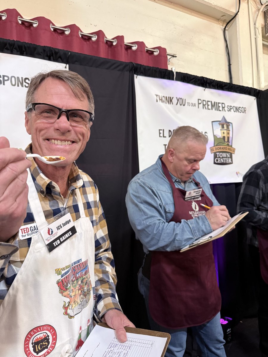 TedGaines's tweet photo. Had a great time serving as a judge at the 6th Annual Battle of the Badges 911 Chili Cook-off in El Dorado County. First responders definitely brought the heat with bold flavors, secret ingredients, and serious competition! A fun and delicious event benefitting Snowline Health. https://t.co/Ery9a9fabD