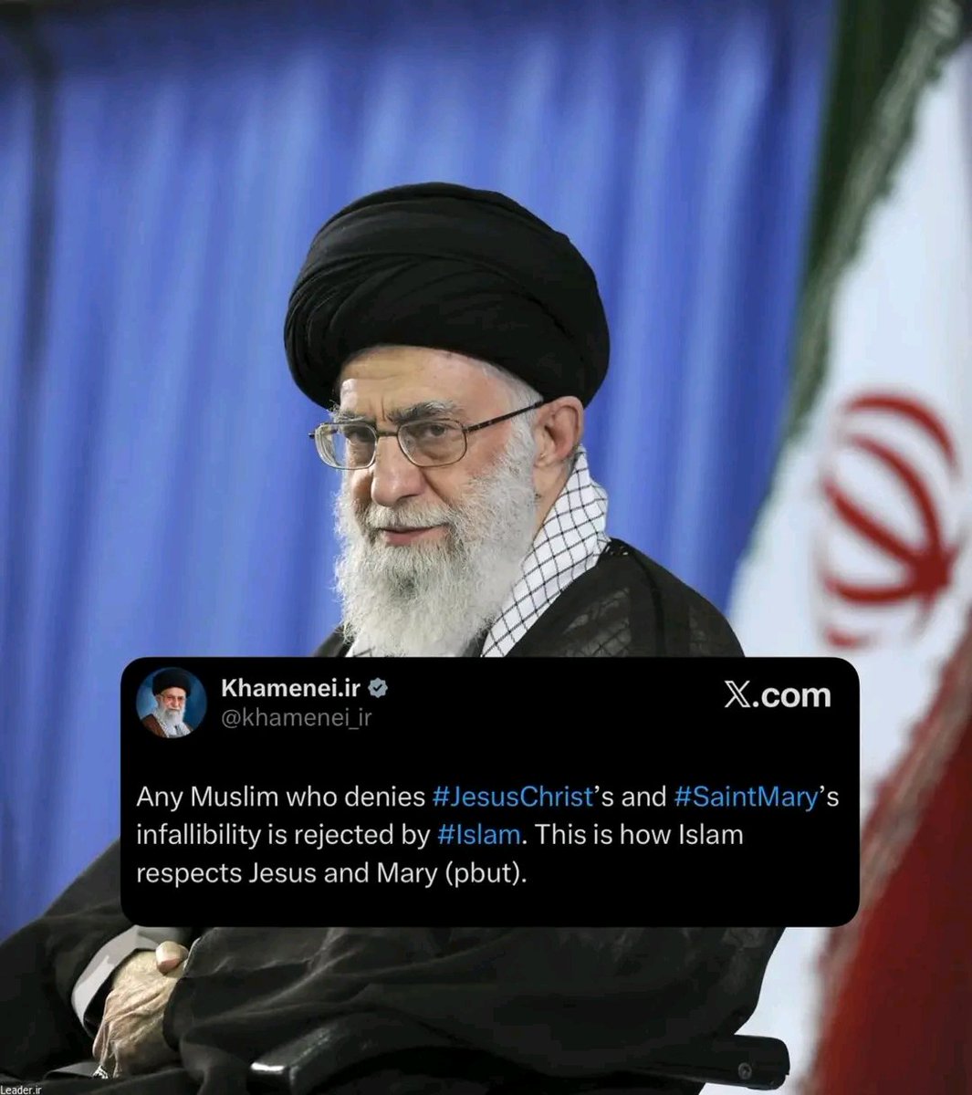 “Muislam yoyote anayepingana na Utakatifu wa Yesu na Mtakatifu Maria amekataliwa na Uislam, sisi dini yetu inamheshimu Yesu na Maria”

- Ayatollah Ali Sayyid Hossein Khamenei, Kiongozi Mkuu wa Iran 🇮🇷