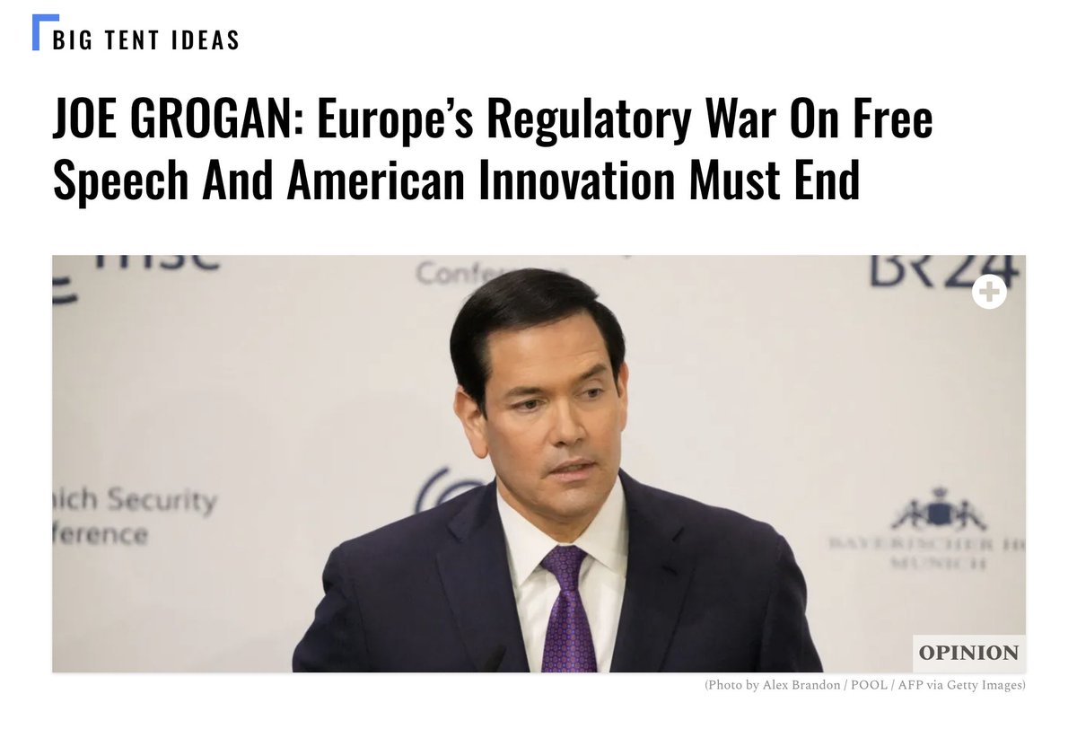 EUUSForum's tweet photo. NEW: EU-US Forum's @RealJoeGrogan: 'Europe’s Regulatory War On Free Speech And American Innovation Must End'

The path forward is clear: either we defend free markets and free speech together, or we watch Europe regulate itself into irrelevance. https://t.co/VXmcFEE1L1