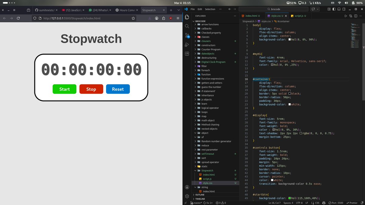sumitexists's tweet photo. #Day22 of CS50 Web Programming 🚀

Implemented array shuffle
Learned about closures
Worked with Date &amp; setTimeout
Built a Digital Clock ⏰
Created a Stopwatch ⏱️
JavaScript is starting to feel dynamic &amp; real-time now ⚡💻
#CS50 #JavaScript #WebDev #LearningInPublic https://t.co/OjCm45kyWM