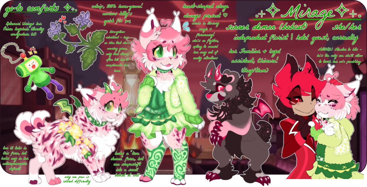 my new silly lil creatura.. 🥹🩷 i've wanted SO badly for such a long time to pair a charrie w/ Alastor &amp; i'm over the moon to finally have her concept worked out qwq Mira's in a queerplatonic relationship w/ Bambi teehee; not overtly romantic by any means, but still fluffy af 🫶