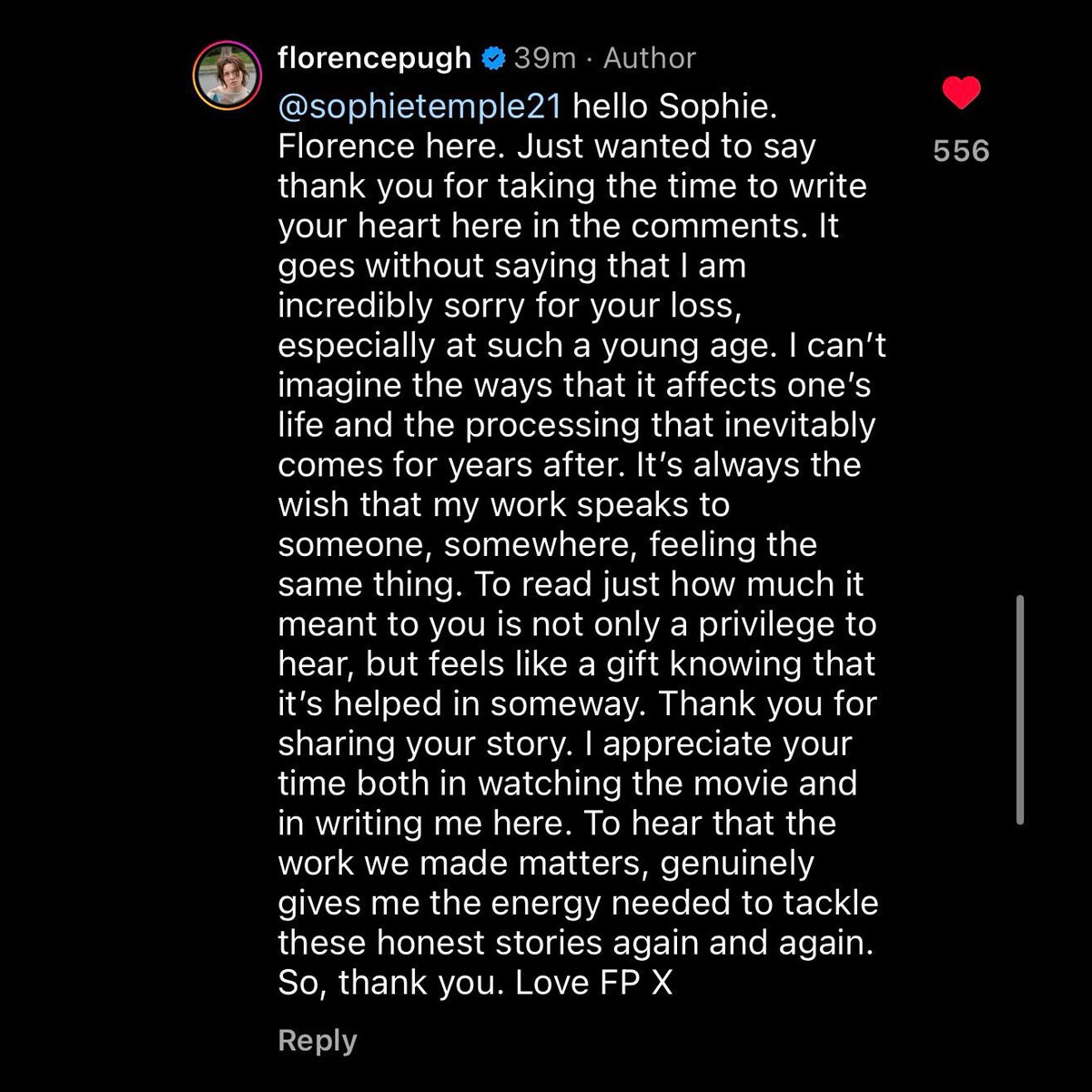 thinking about florence pugh’s reply to a fan who had lost her mom to cancer ❤️‍🩹