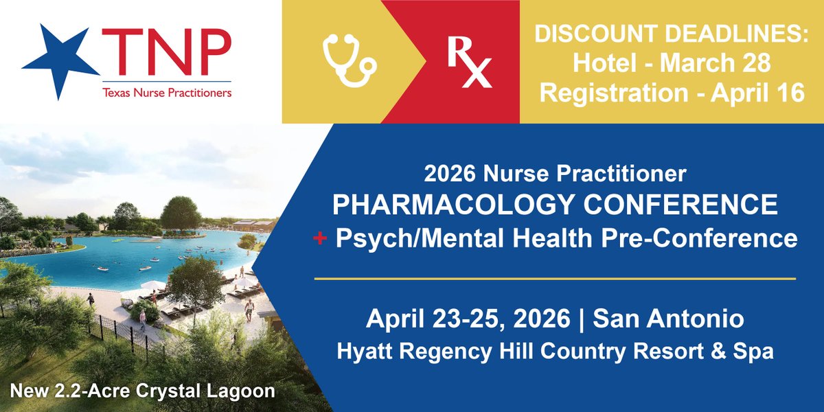 TNPAustin's tweet image. Earn up to 16 Contact Hrs (10.5 RX) at TNP's Pharma Conf + Psych/Mental Health PreCon! Get updates on atrial arrhythmias, palliative care, dental conditions, animal-related injuries, and more.
Register today: bit.ly/498L3pI
#TNPPharmaConf26 #CEsforTexasNPs #PMHNP #TNP