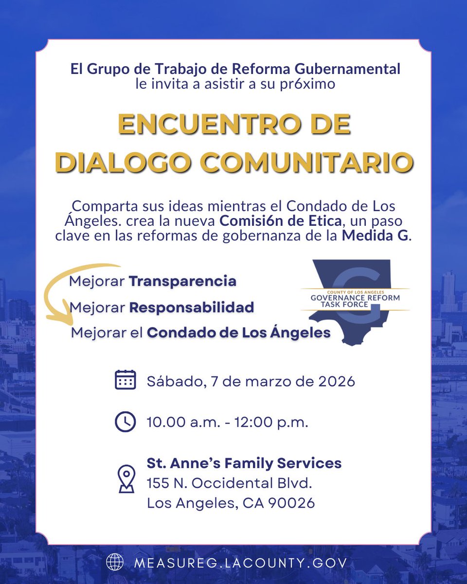 CountyofLA's tweet image. Join the conversation with the Governance Reform Task Force on #LACounty’s new Ethics Commission — part of the #MeasureG governance reforms to boost transparency and accountability! 
 
🗓 Sat., Mar. 7, 2026
⏰ 10 a.m.
￼ RSVP : bit.ly/4qYWAgh