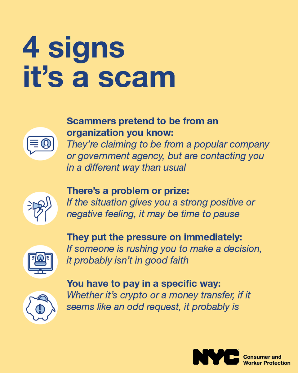 helloDCWP's tweet photo. Don’t get scammed! Make sure you know these warning signs to stop scams before they start.

If you’ve been scammed in NYC, contact us by filing a complaint at https://t.co/3CMX4eiALi

#ConsumerProtectionWeek https://t.co/YQitKrbQ2D