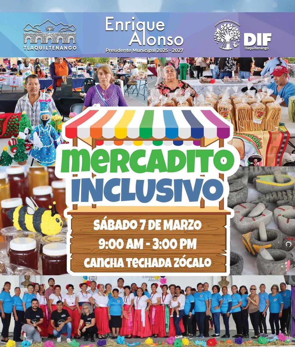 ‼️ ¡MERCADITO INCLUSIVO EN TLAQUILTENANGO! ‼️

El Ayuntamiento de Tlaquiltenango, que preside el alcalde Enrique Alonso Plascencia, a través de la Dirección de Equidad e Igualdad de Género y la Coordinación de Diversidad, invita a toda la comunidad:

🌈 Personas LGBTIQ+  
♿