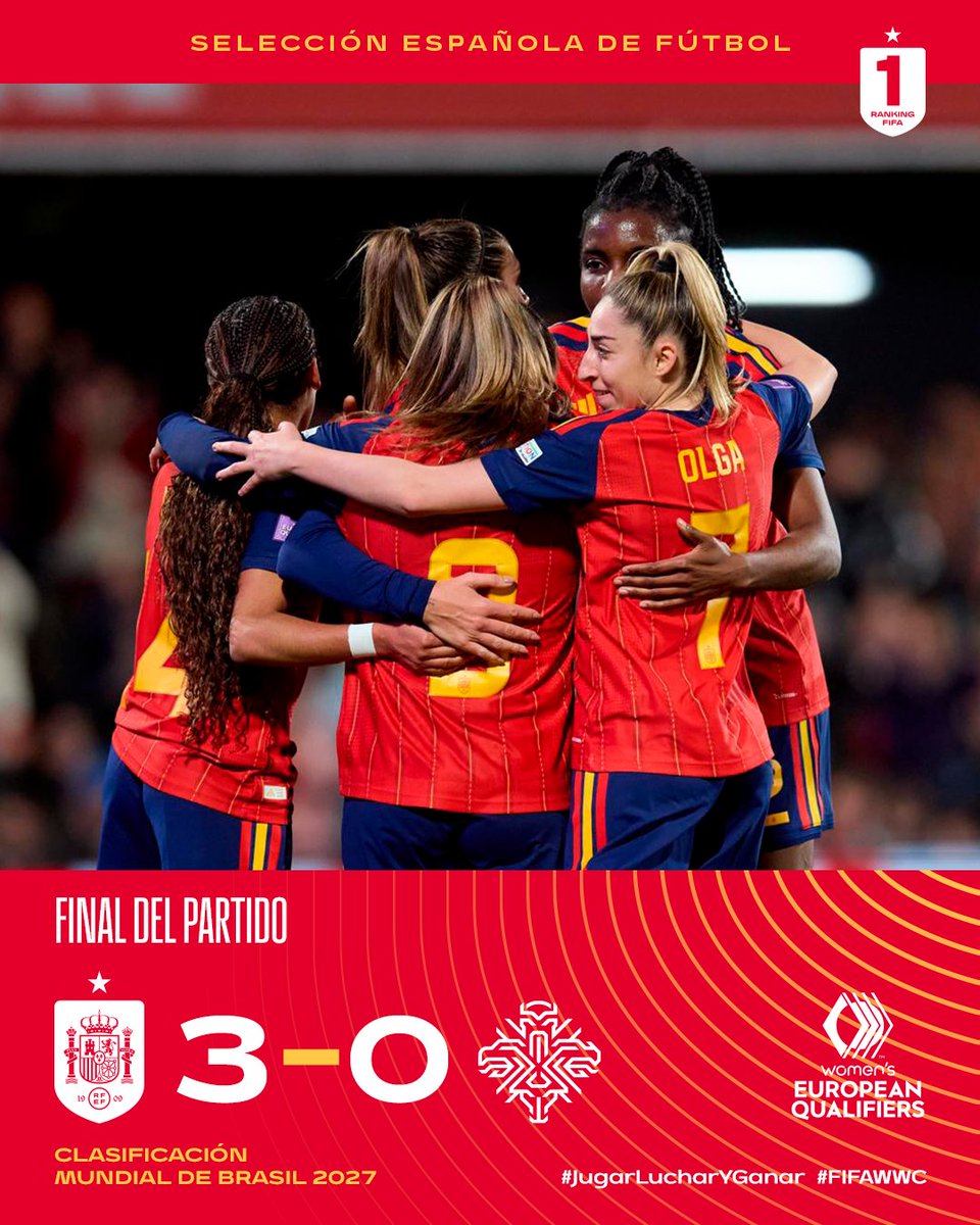 SEFutbolFem's tweet photo. 🏁 ¡𝗦𝗘 𝗔𝗖𝗔𝗕𝗔 𝗘𝗟 𝗣𝗔𝗥𝗧𝗜𝗗𝗢!

¡España debuta con victoria en la fase de clasificación a la #FIFAWWC!

🇪🇸 3-0 🇮🇸 | Final.

📺 @La1_tve

#FIFAWWC | #JugarLucharYGanar https://t.co/rFGNiRXf6J