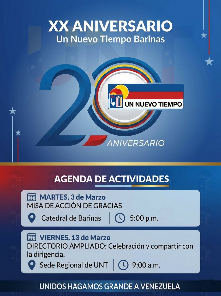 #20AñosUNT | Te invitamos a ser parte de nuestra agenda de actividades en Barinas, para conmemorar dos décadas de compromiso con #Venezuela:

🙏 Misa de Acción de Gracias
📅 Martes, 3 de marzo
🕔 5:00 p.m.
📍 Catedral de Barinas

¡Unidos Hagamos Grande a Venezuela!
