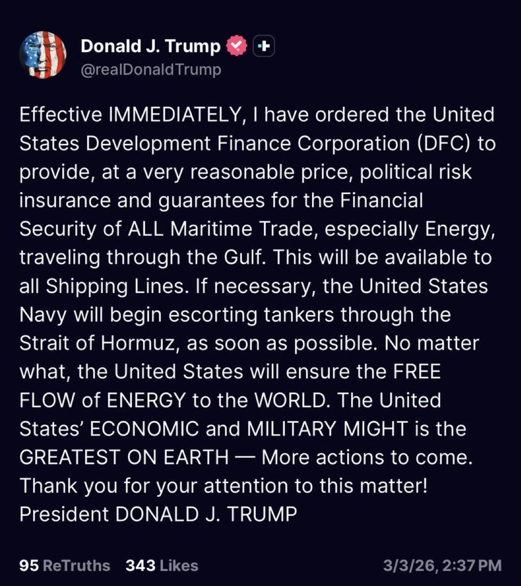 ترامب ؛ يريد استخدام القوات البحرية الأميركية لحراسة السفن التجارية اثناء عبورها من مضيق هرمز في مقابل مبلغ مالي - مناسب 🙄
جهاز مستقبل امريكا 🤪