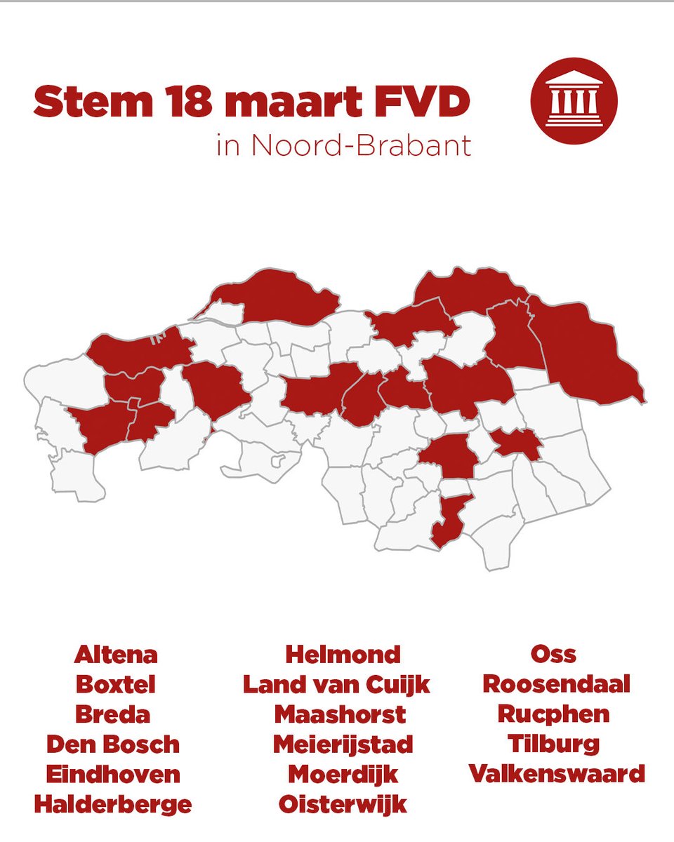 FVDNoordBrabant's tweet image. 18 maart is het zover: we mogen weer stemmen. In maar liefst 17 gemeenten in Noord-Brabant kun je jouw stem uitbrengen op #FVD.

Ga naar de stembus en kies voor #FVD. 🏛️