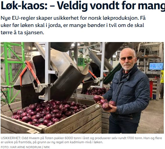 MinRett_'s tweet photo. "Risikoen for å få løken underkjent er veldig vond for mange. For dette kom veldig brått.. Bakgrunnen er en EU-regel som ble innført for noen år siden."

God tid til å måle kadmium i løk, og ikke for sent å måle fjor-årets avling? Er ikke bønder jordnære og handlekraftige lenger? https://t.co/apbDc7MePc