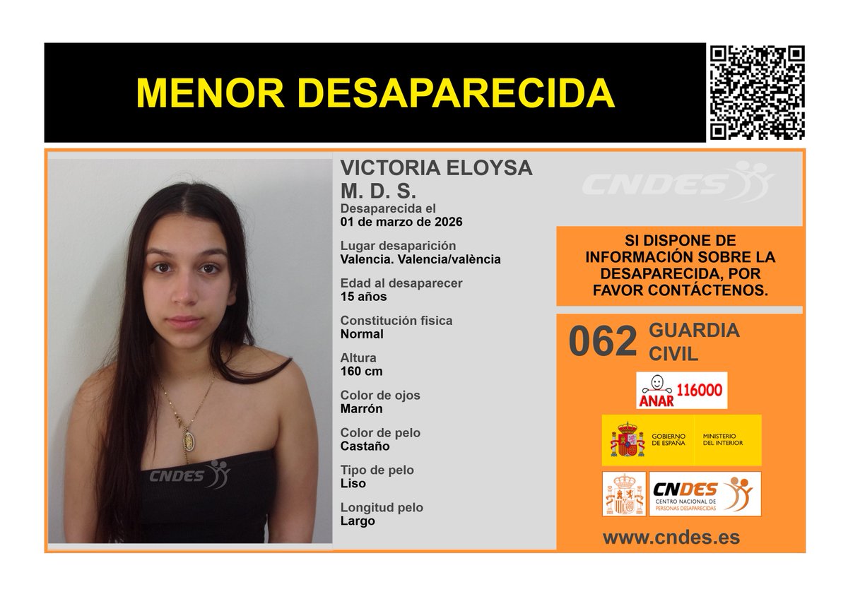cndes_oficial's tweet photo. ⚠️🚺MENOR DESAPARECIDA🚺⚠️
Edad 15 años
🧐Última localización #Valencia
Ayúdanos➡️comparte 📲
Si crees haberla visto 📩 https://t.co/F66Ltjvqj7
📞062 @guardiacivil
☎️116000 ANAR
@cndes_oficial #menor #desaparecida https://t.co/xBhqXeyJRg